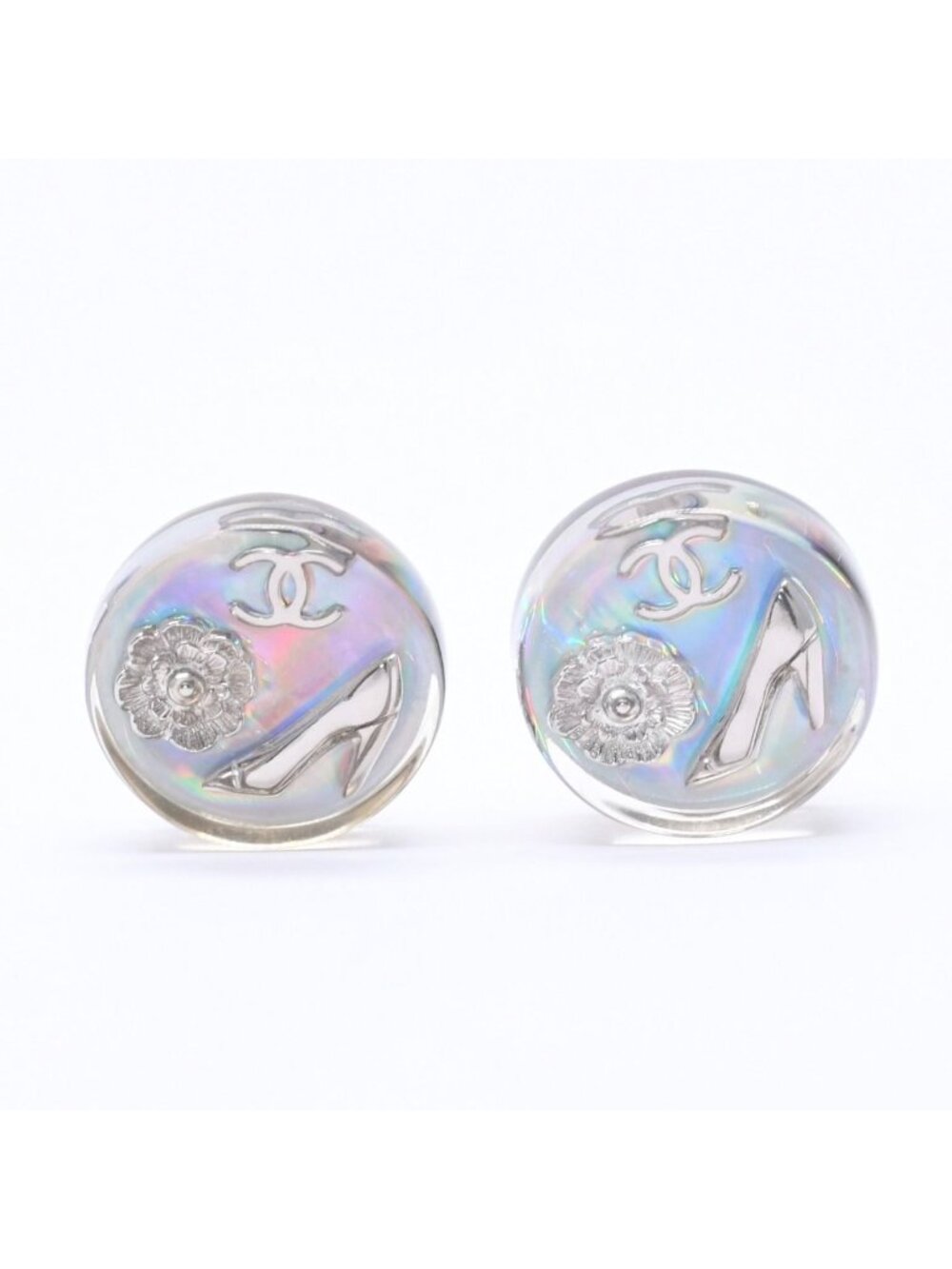 Chanel CC Logo Earrings 97 Resin Metal Aurora Clear Silver